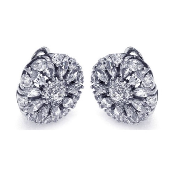 .925 Sterling Silver CZ Flower Clip Om Earrings - Picture 1 of 1